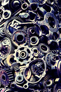 機械零件齒輪、蒸汽朋克齒輪、車輪、汽車零件堆、舊生銹的鐵鏈、彈簧、車輪關閉